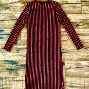 Zara Long Sleeve Red/Black/Multi Striped Fitted Stretch Midi Dress Size Medium